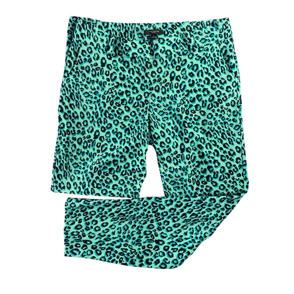 Teal Leopard Print Ann‎ Taylor Ankle Pants Size 10 Animal Print Slim Trousers
